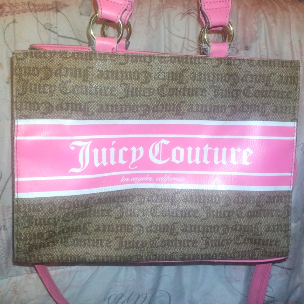 juicy couture classic signature brown pattern w/pink&white. handbag shoulder bag
